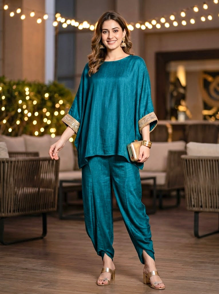 Peacock Teal Kaftan & Dhoti Co-Ord Set