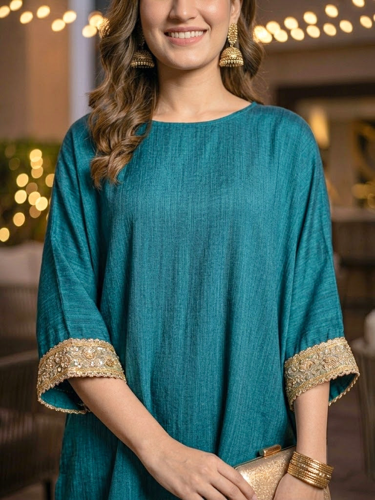Peacock Teal Kaftan & Dhoti Co-Ord Set