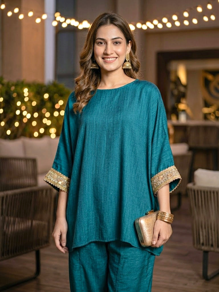 Peacock Teal Kaftan & Dhoti Co-Ord Set