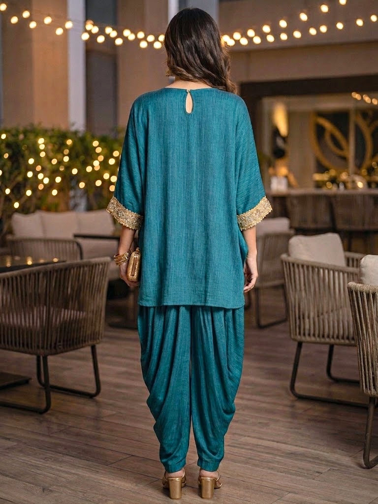 Peacock Teal Kaftan & Dhoti Co-Ord Set