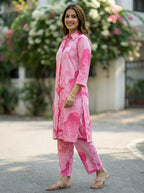 PINK ABSTRACT PRINT KURTA PANT CO-ORD SET - KARCHOBI