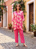 Pink floral print kaftan shirt and polka dot pants co-ord set by Karchobi, featuring a relaxed fit and stylish design.