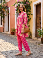 Pink floral kaftan shirt and polka dot pant co-ord set by Karchobi, featuring a stylish, comfortable matching outfit for women.