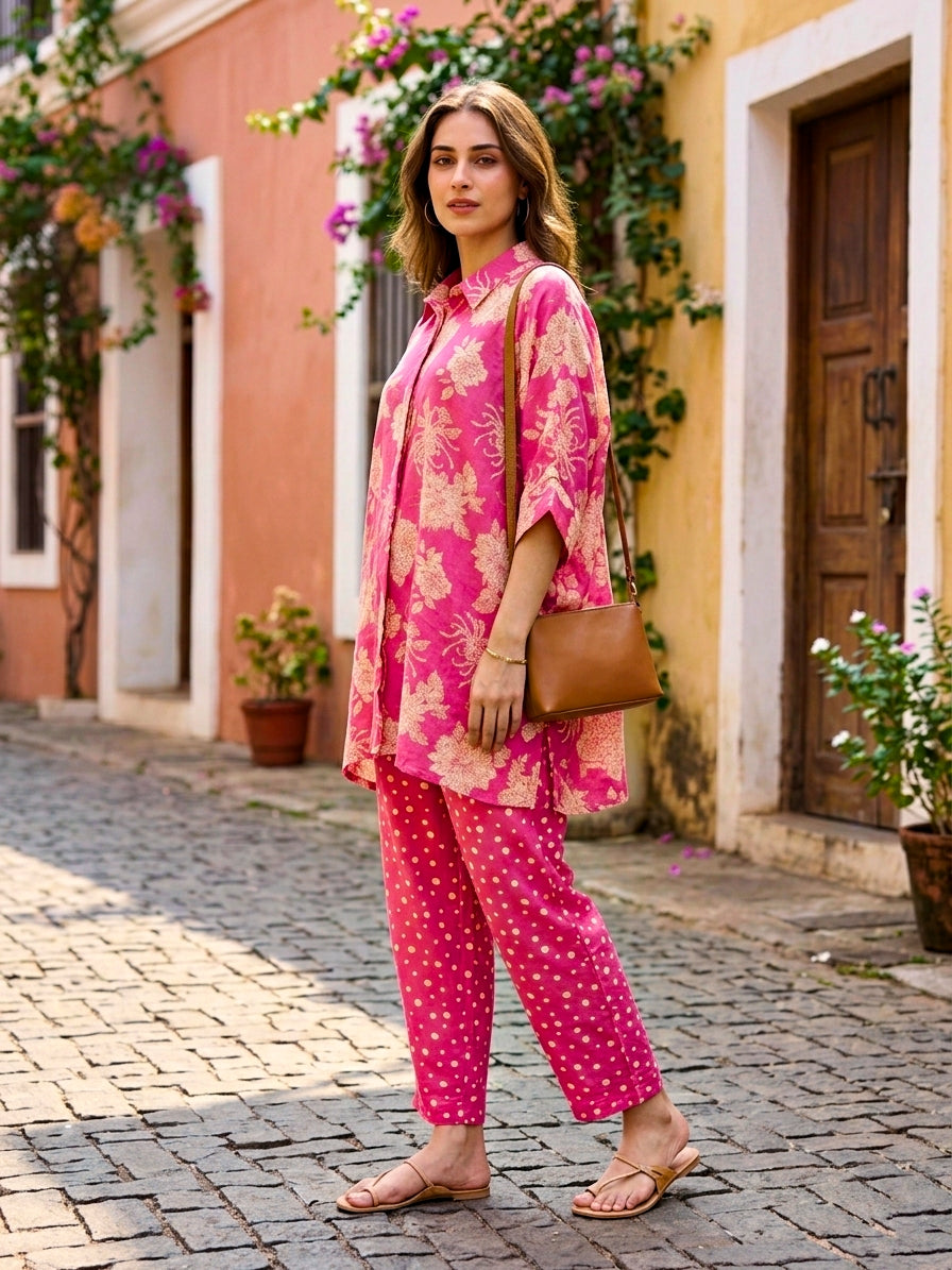 Pink floral kaftan shirt and polka dot pant co-ord set by Karchobi, featuring a stylish, comfortable matching outfit for women.