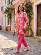 Pink floral print kaftan shirt and polka dot pants co-ord set by Karchobi, stylish women's matching outfit with floral and polka dot patterns.