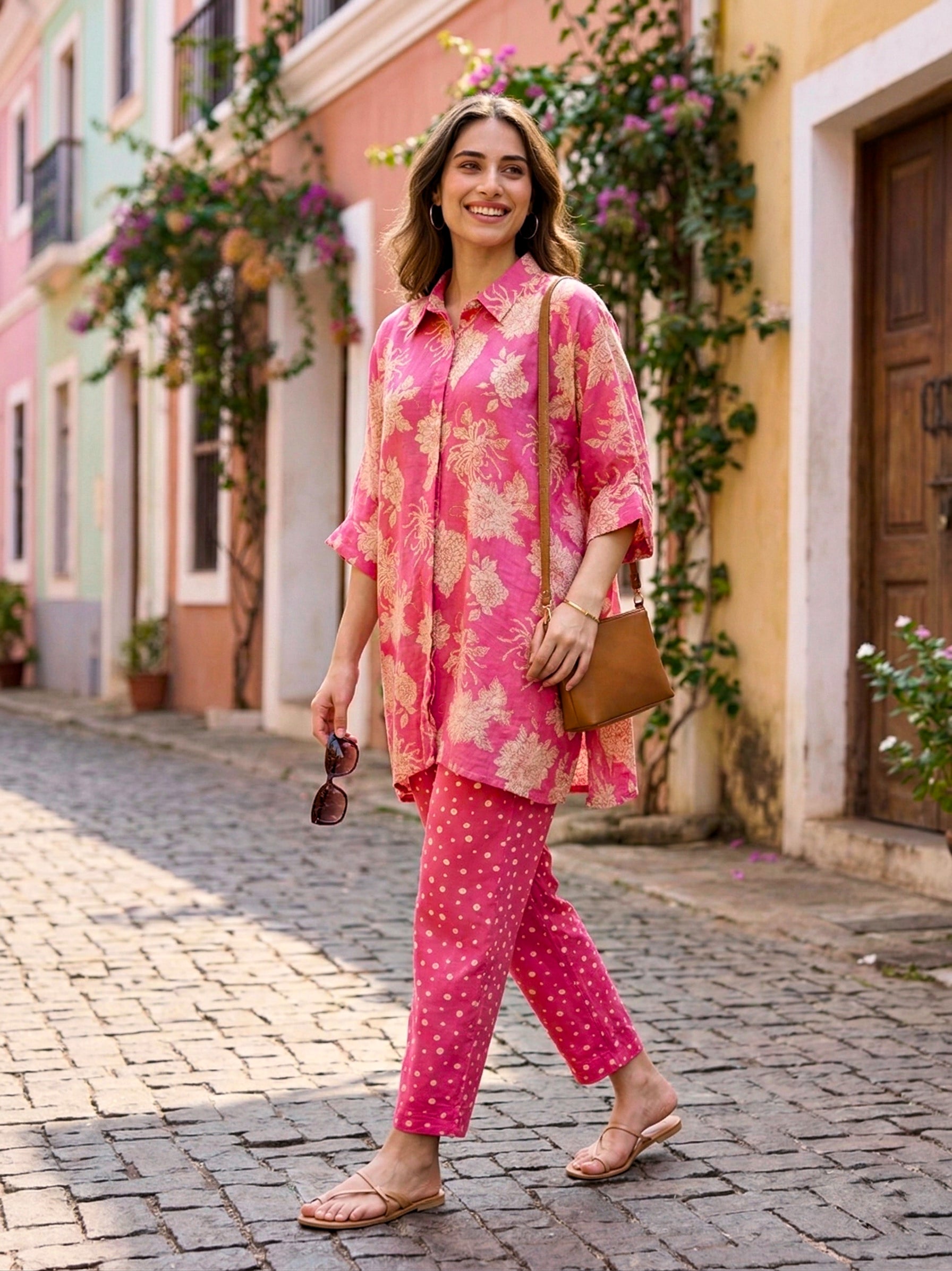 Pink floral print kaftan shirt and polka dot pants co-ord set by Karchobi, stylish women's matching outfit with floral and polka dot patterns.
