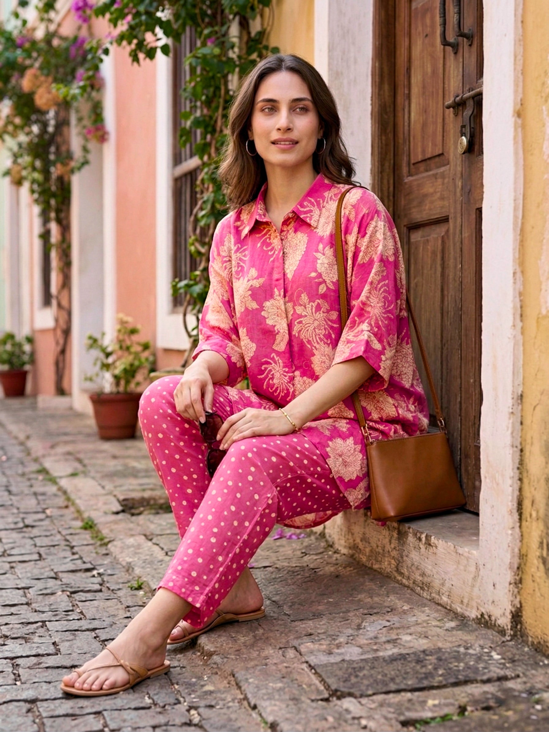 Pink floral print kaftan shirt and polka dot pants co-ord set by Karchobi, stylish women's matching outfit with a vibrant floral design.