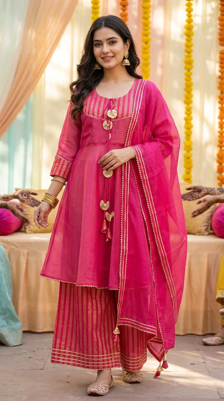 Woman in pink peplum sharara set with gold gotta lace from Karchobi, festive backdrop
