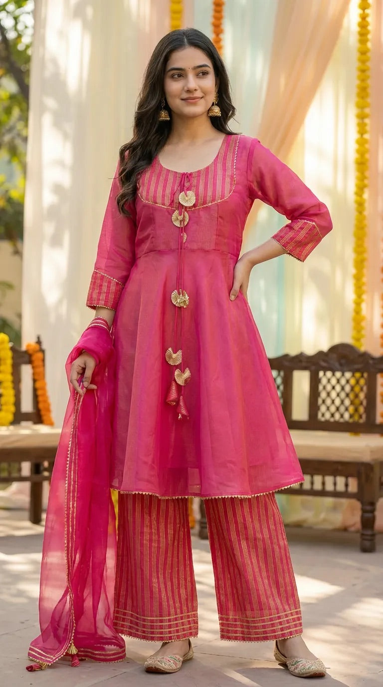 Woman in pink peplum sharara set with gotta laces, from Karchobi, outdoor festive setting