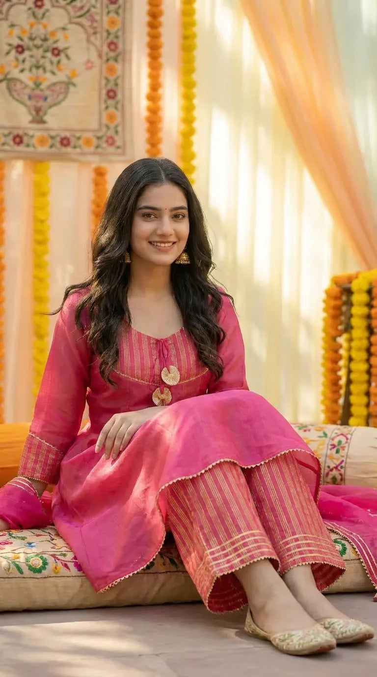 Woman in pink peplum sharara set with gotta lace, seated at festive Karchobi setting