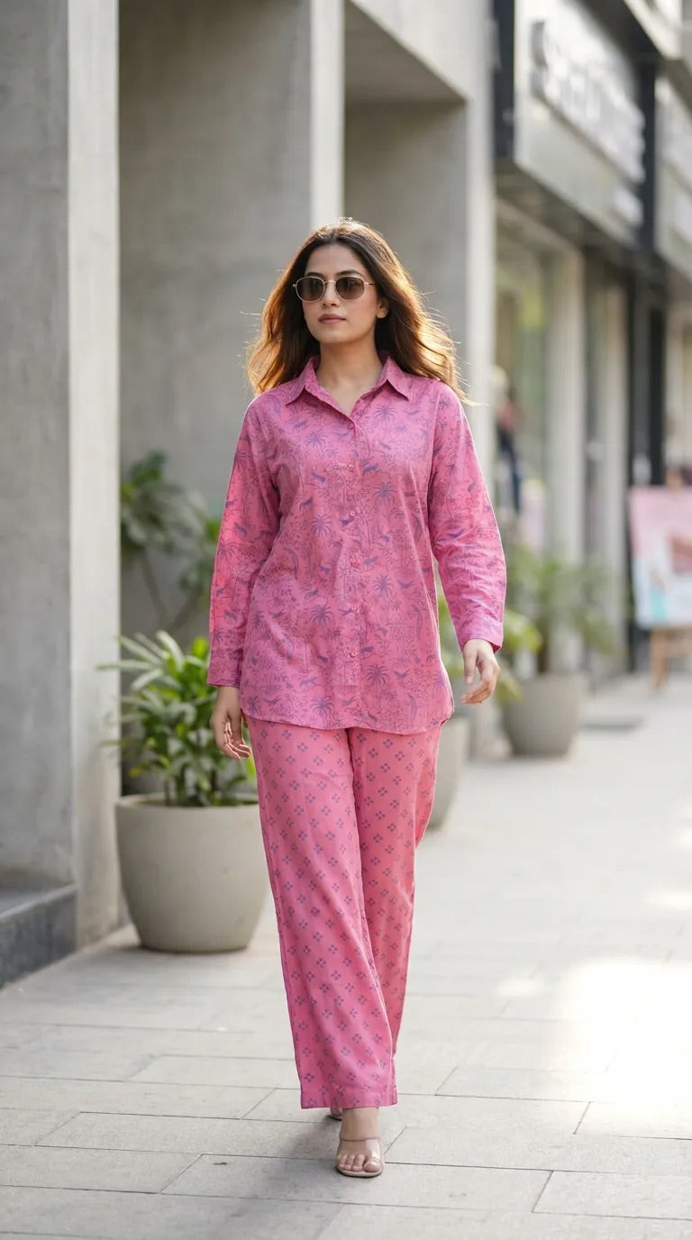 Woman wearing pink tropical printed shirt and pants co-ord set from Karchobi walking outdoors