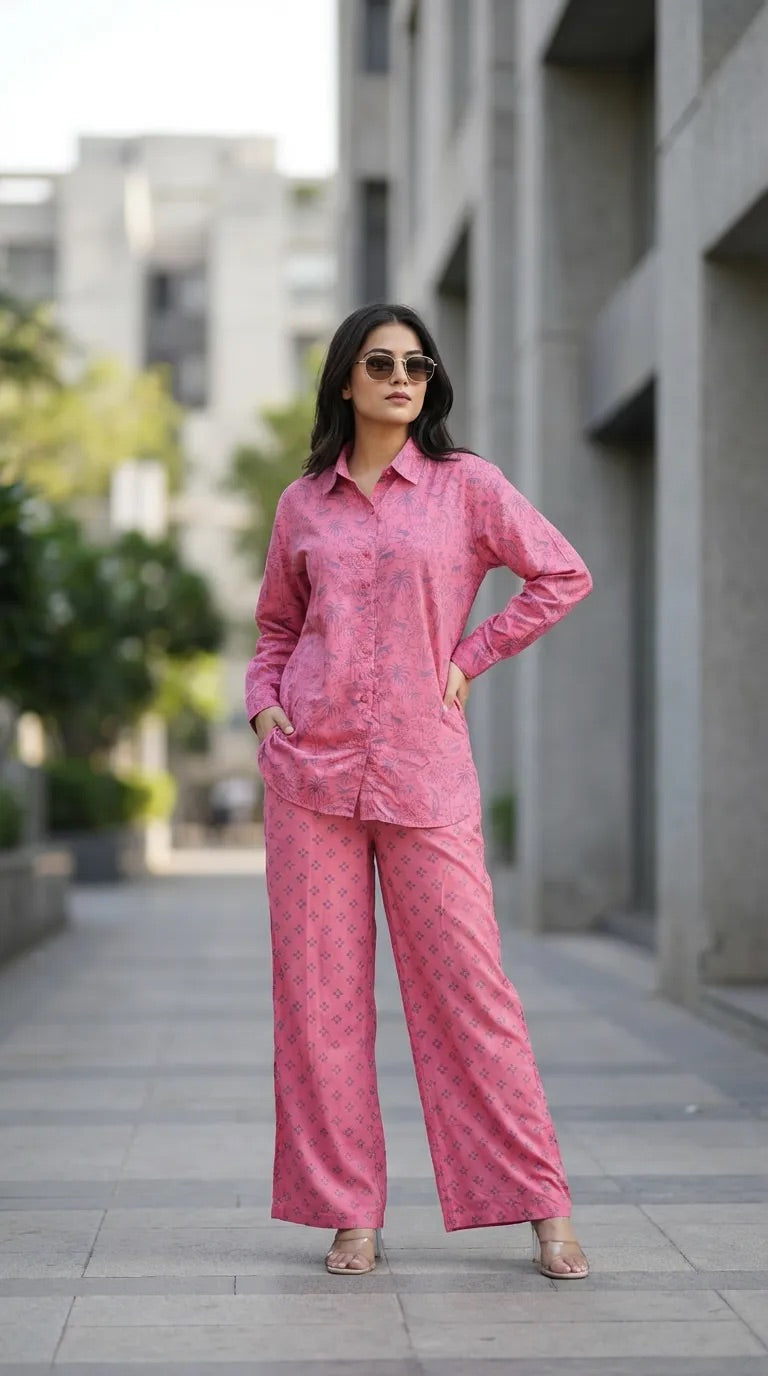 Woman modeling Karchobi pink tropical printed shirt and pant co-ord set outdoors