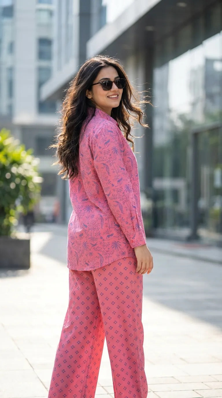 Woman in pink tropical print shirt and pants co-ord set, smiling outdoors, Karchobi fashion