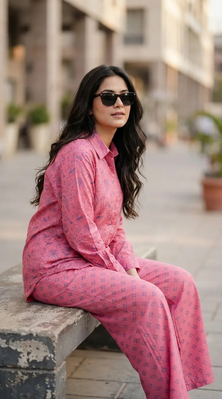 Woman wearing Karchobi pink tropical printed co-ord set with shirt and pants, sitting outdoors