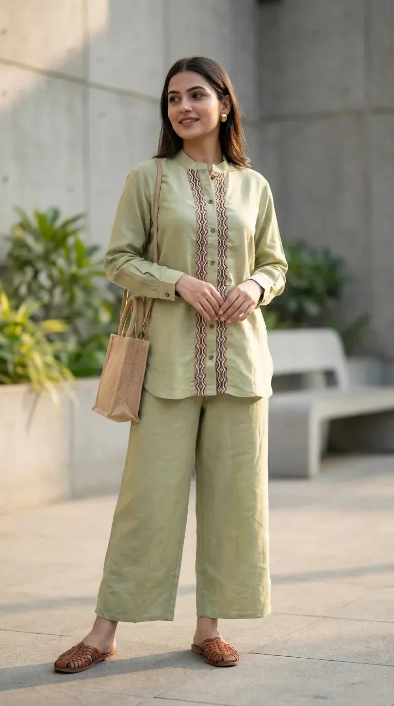 Woman wearing Karchobi pista green co-ord set with jute lace, standing outdoors