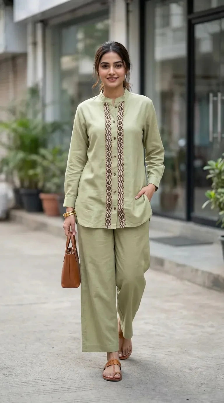 Woman in pista green mandarin collar shirt and pants co-ord set with jute lace, Karchobi fashion