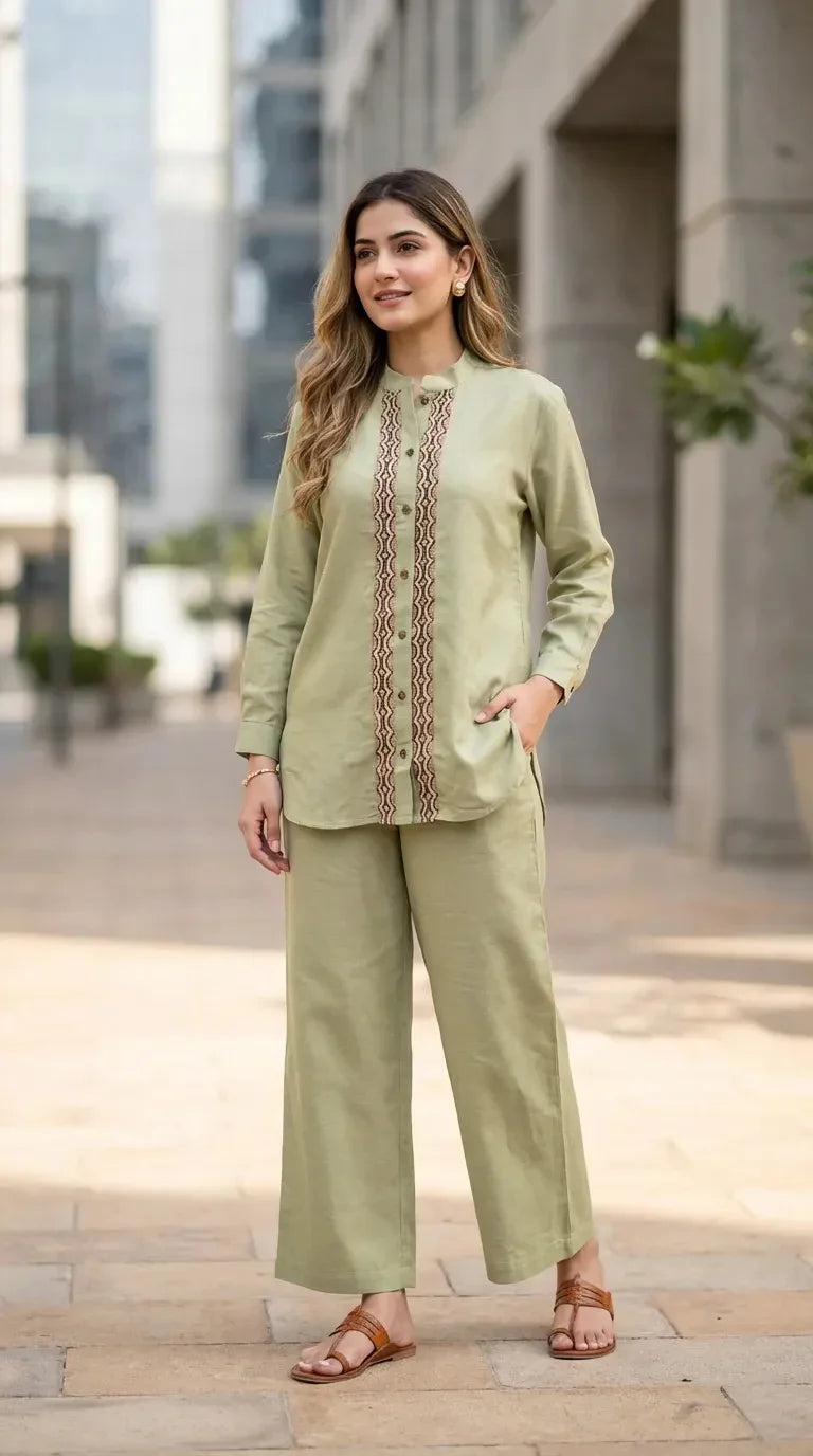 Woman wearing Karchobi pista green mandarin collar shirt and co-ord set with jute lace, posing outdoors