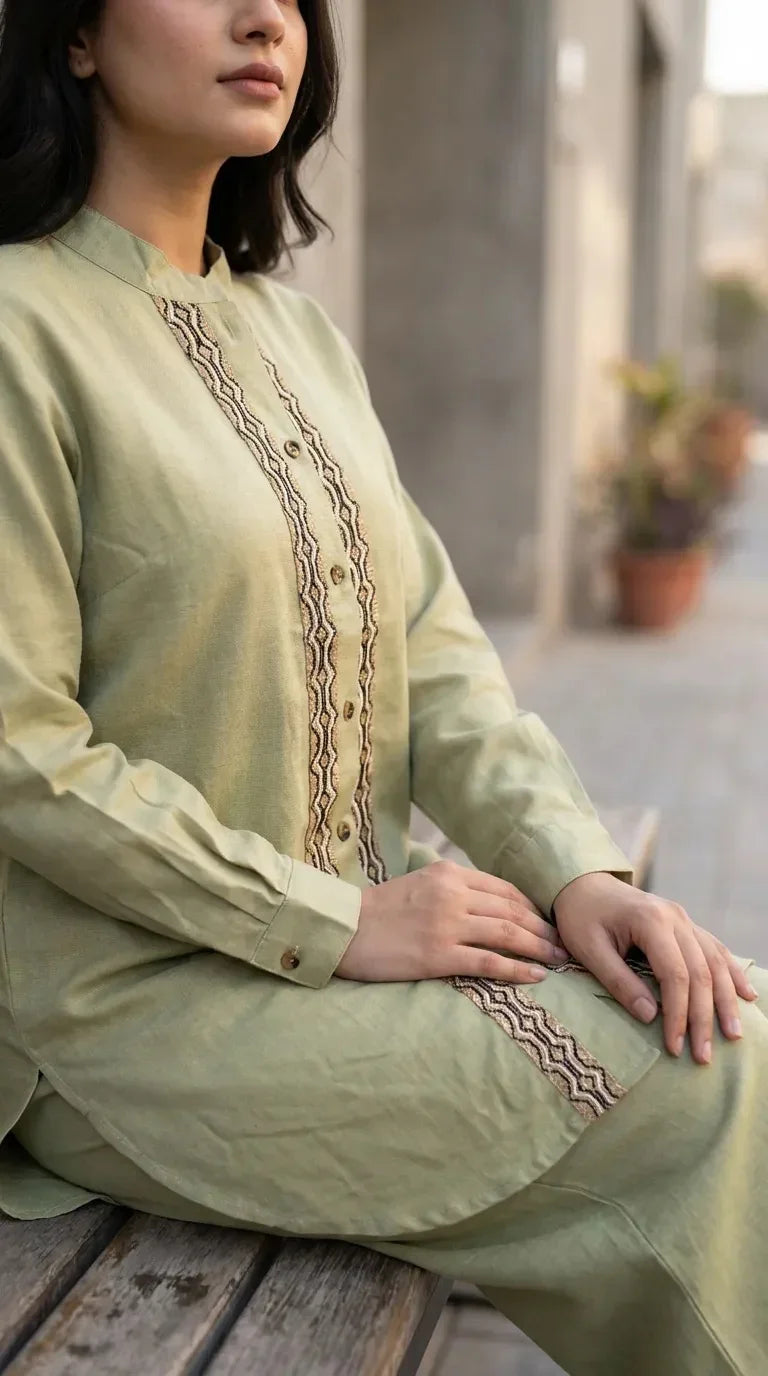 Woman in pista green mandarin collar shirt co-ord set with jute lace, Karchobi fashion