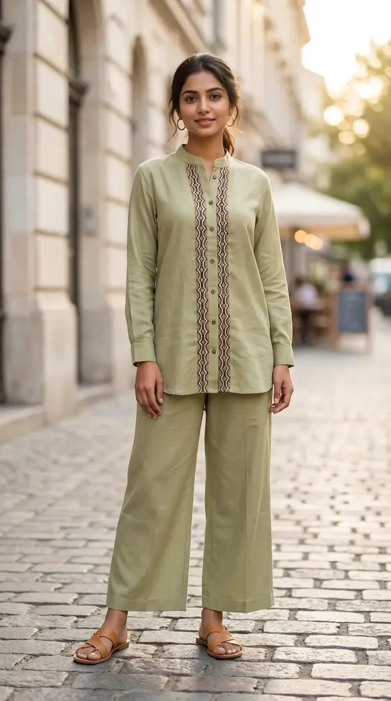 Woman wearing pistachio green mandarin collar shirt and pants with jute lace, Karchobi fashion