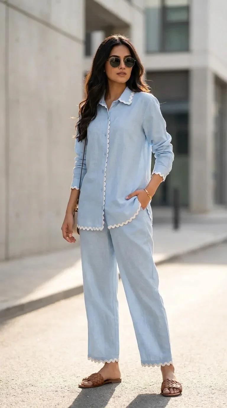Woman wearing a powder blue scallop lace co-ord set from Karchobi, standing outdoors.