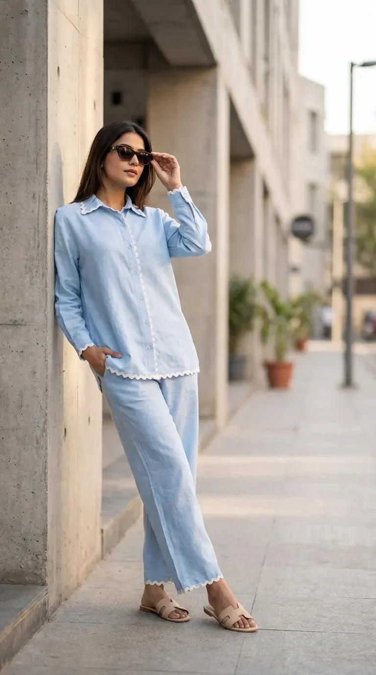 Woman wearing powder blue scallop lace shirt co-ord set from Karchobi, standing outdoors