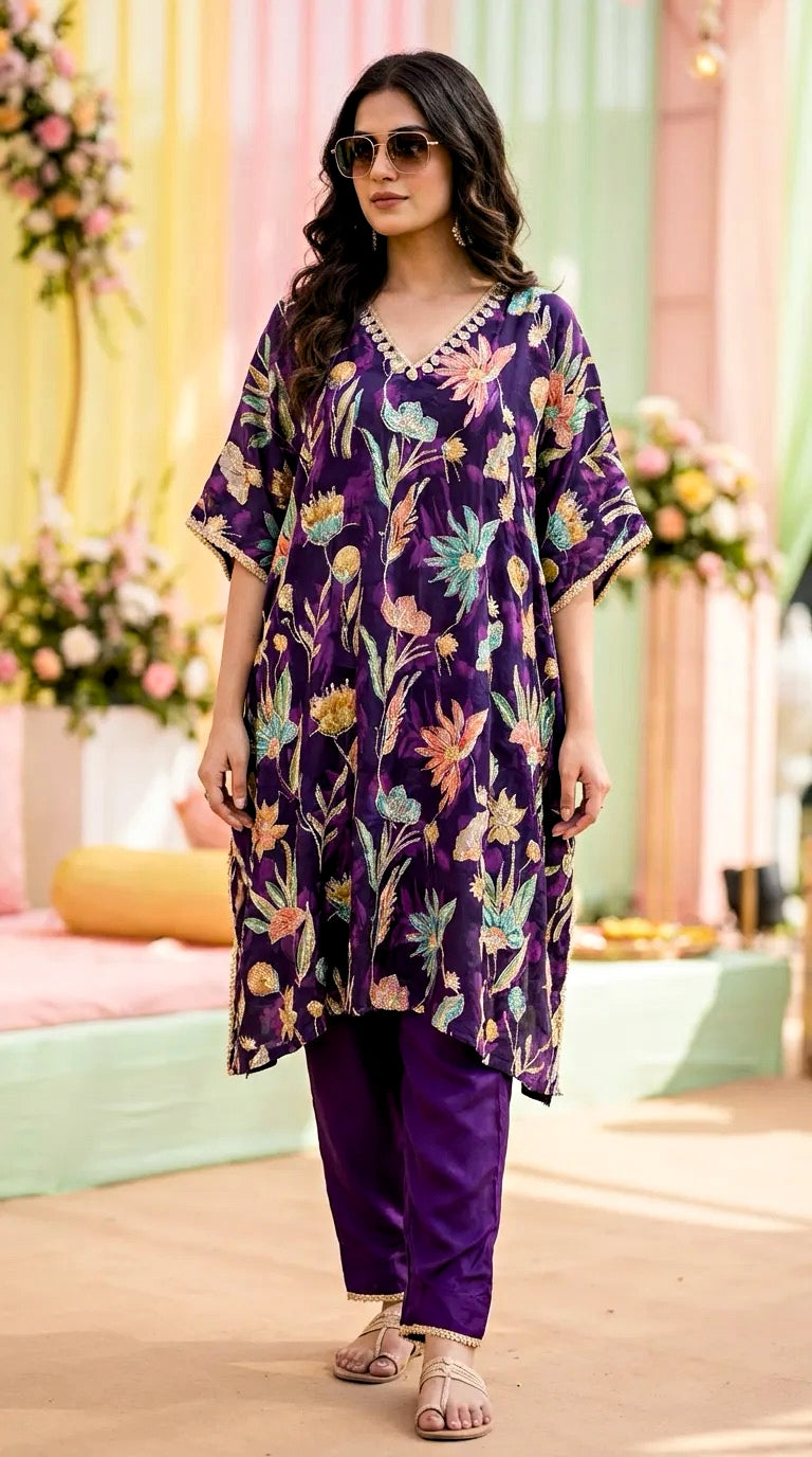 Woman in a purple floral embroidered kaftan kurta pant set with gota lace, outdoor setting