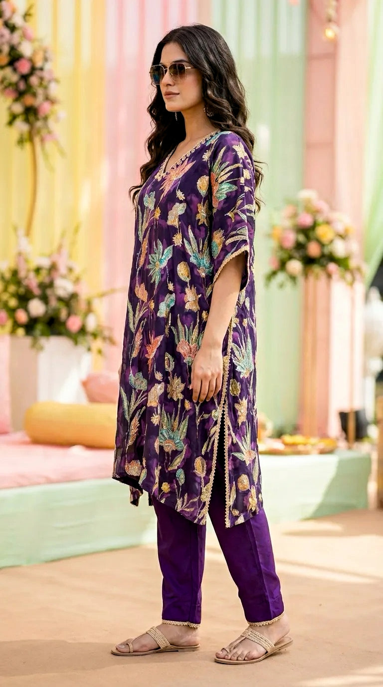 Woman in purple floral zari sequin embroidery kaftan kurta pant set by Karchobi