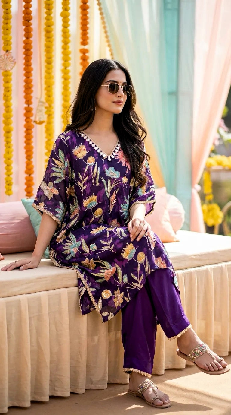 Woman in a purple floral zari sequin embroidery kaftan kurta pant set with gota lace, Karchobi fashion.