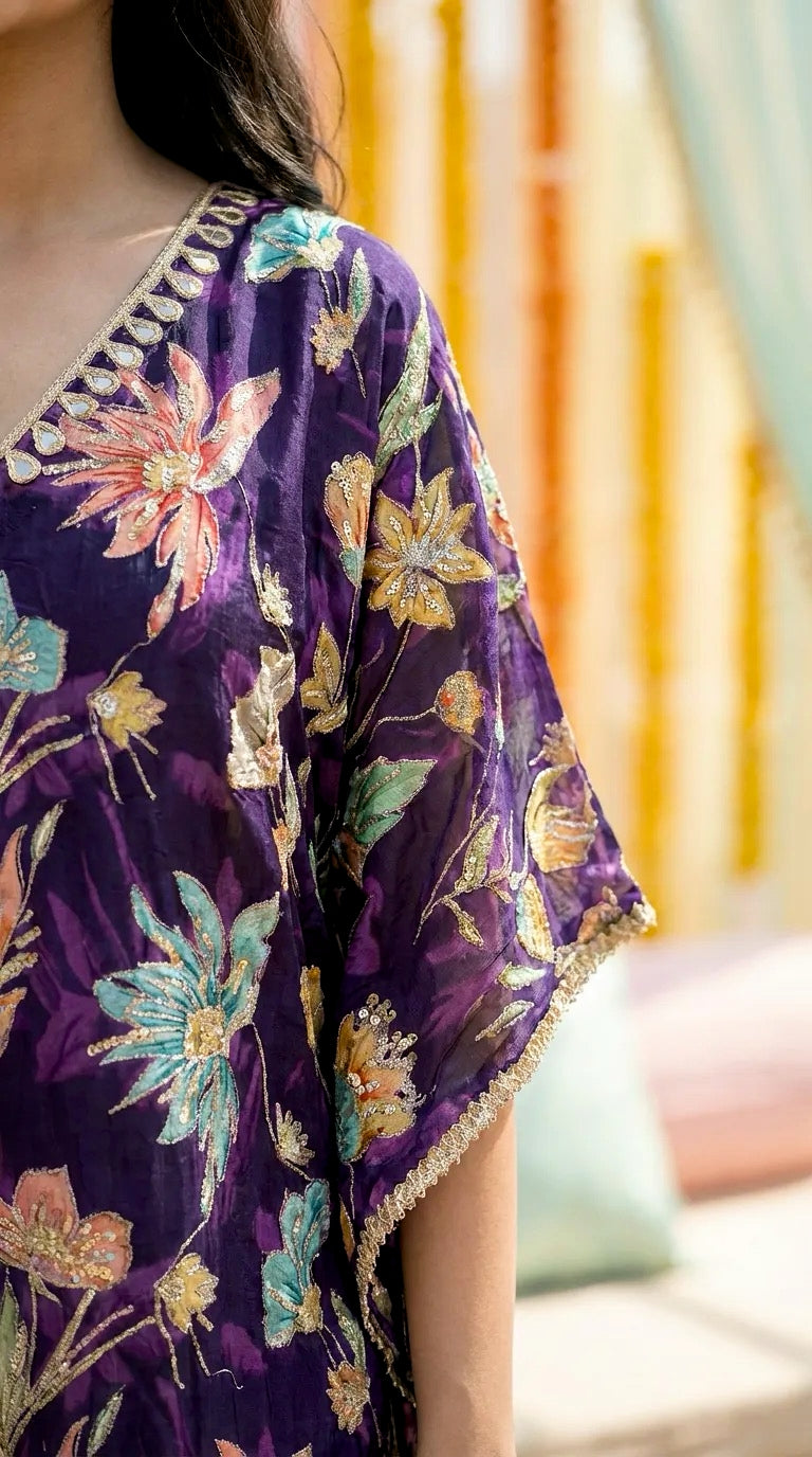 Purple floral kaftan kurta with zari sequin embroidery and gota lace, Karchobi women's clothing
