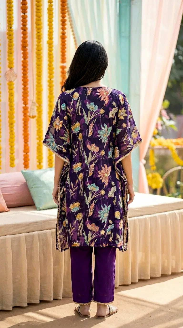 Purple floral embroidered kaftan kurta pant set with gota lace, Karchobi women's fashion