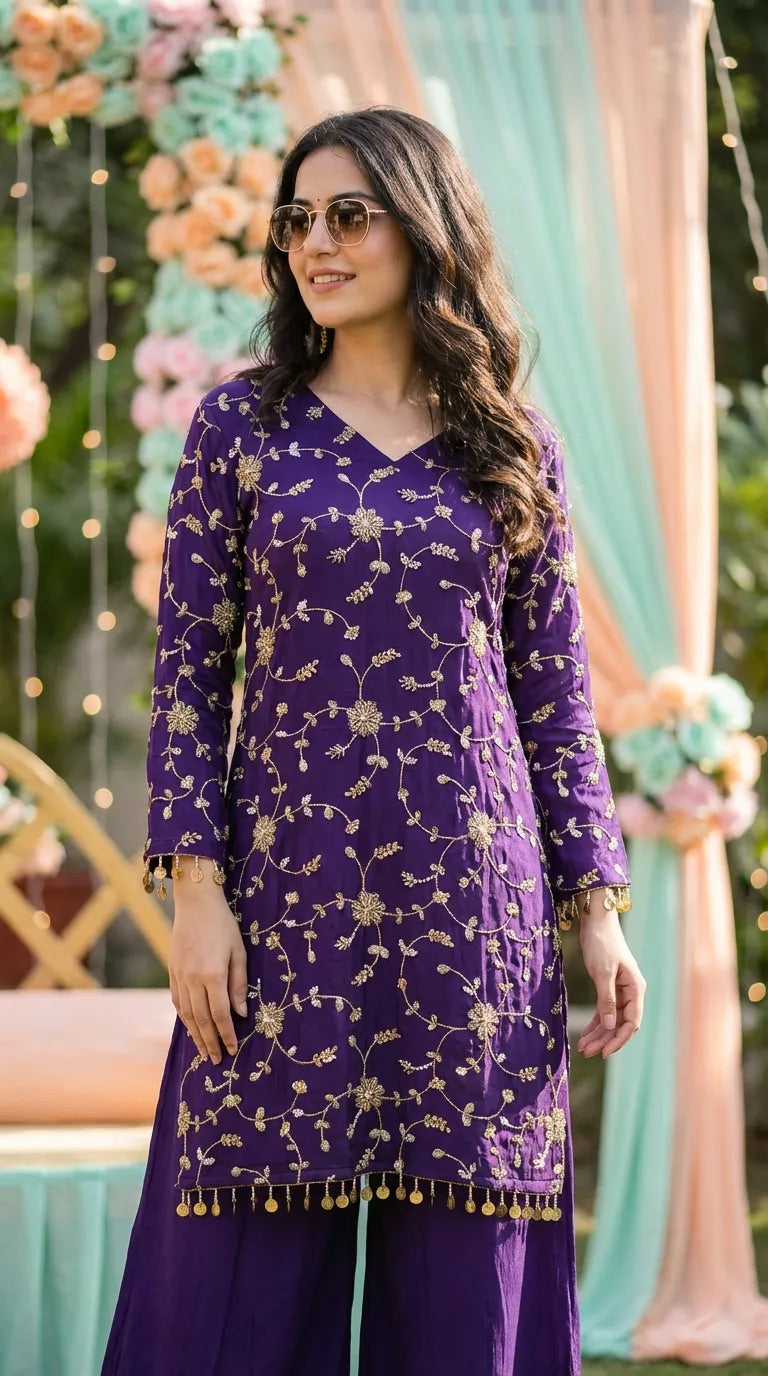 Woman wearing purple floral sequin embroidered kurta sharara set by Karchobi, outdoor event