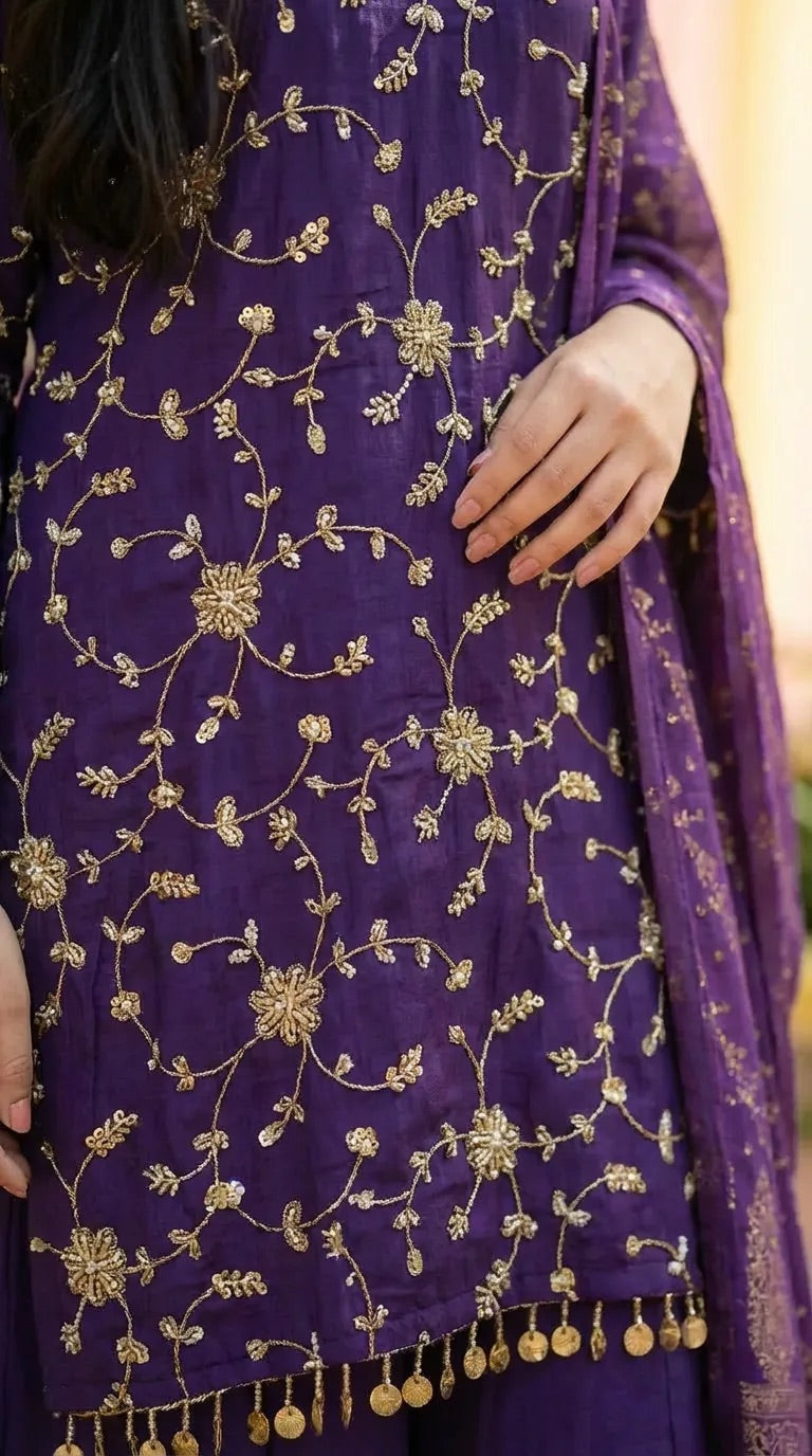 Purple kurta with gold floral sequin embroidery and coin lace from Karchobi women's clothing