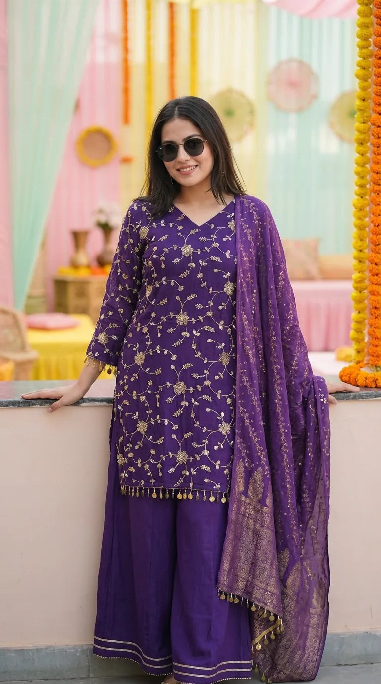 Woman in a purple floral sequin embroidered kurta sharara set with dupatta, festive background, Karchobi fashion