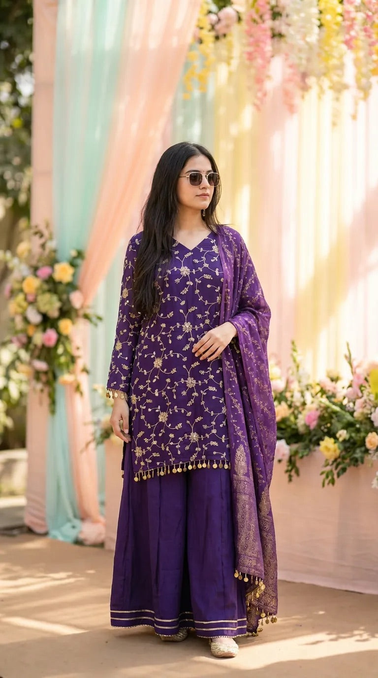 Woman wearing Karchobi purple floral sequin embroidered kurta sharara set with dupatta
