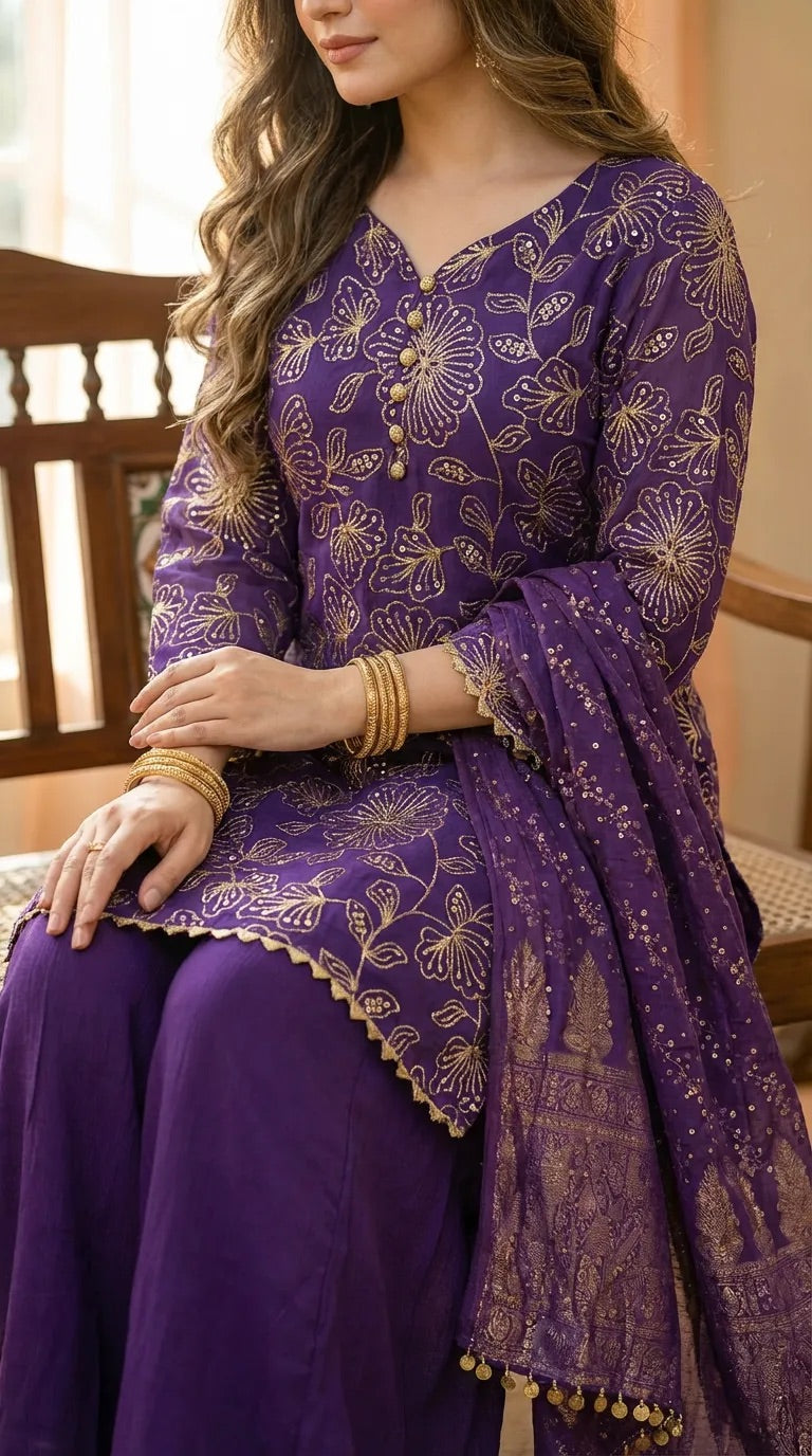 Woman wearing a purple floral sequin embroidered kurta sharara set with matching dupatta from Karchobi