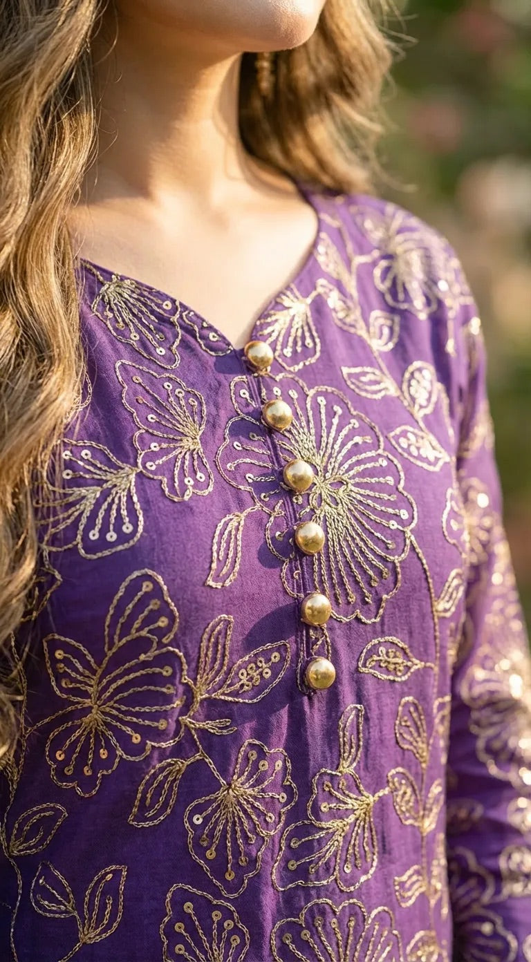 Purple floral sequin embroidered kurta with gold buttons from Karchobi women's clothing