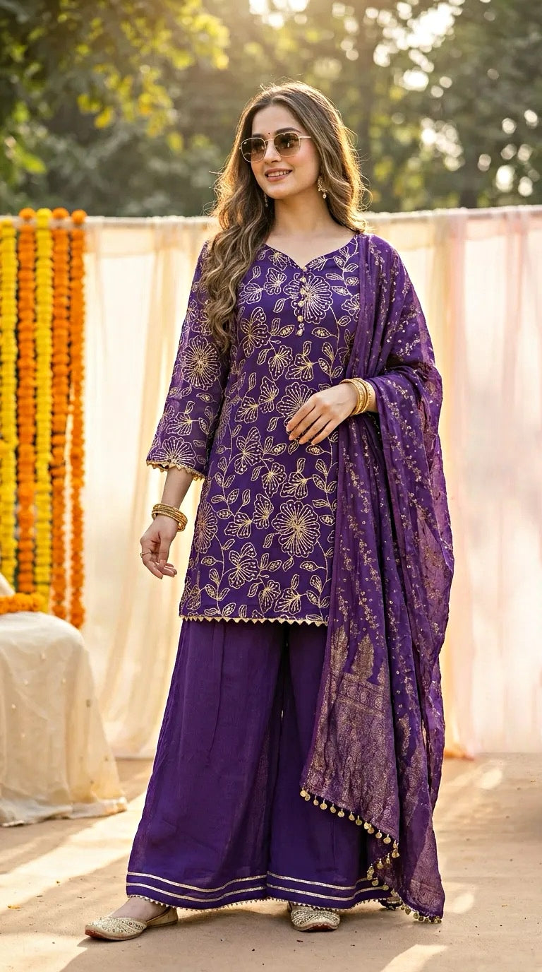 Woman wearing purple floral sequin embroidered kurta sharara dupatta set outdoors, Karchobi fashion