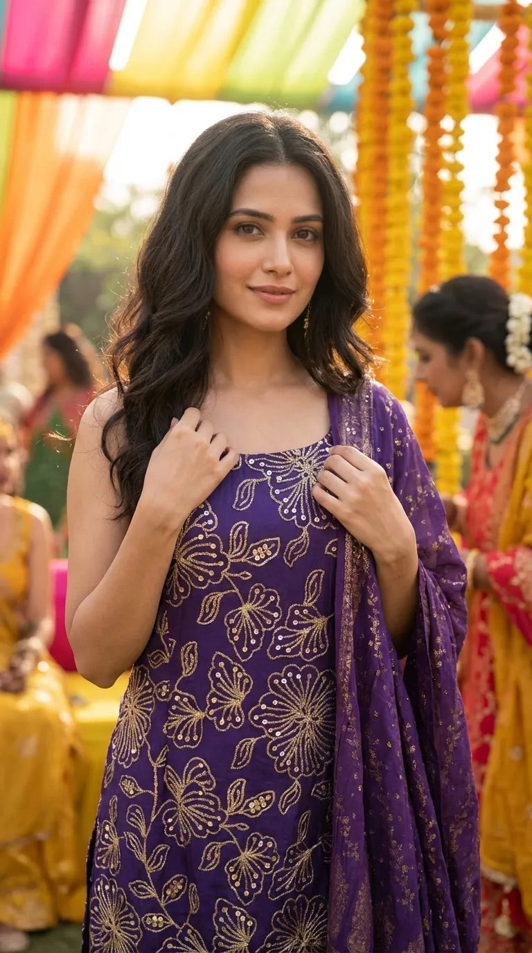 Woman in a sleeveless purple floral sequin embroidered kurta salwar set at a festive KARCHOBI event