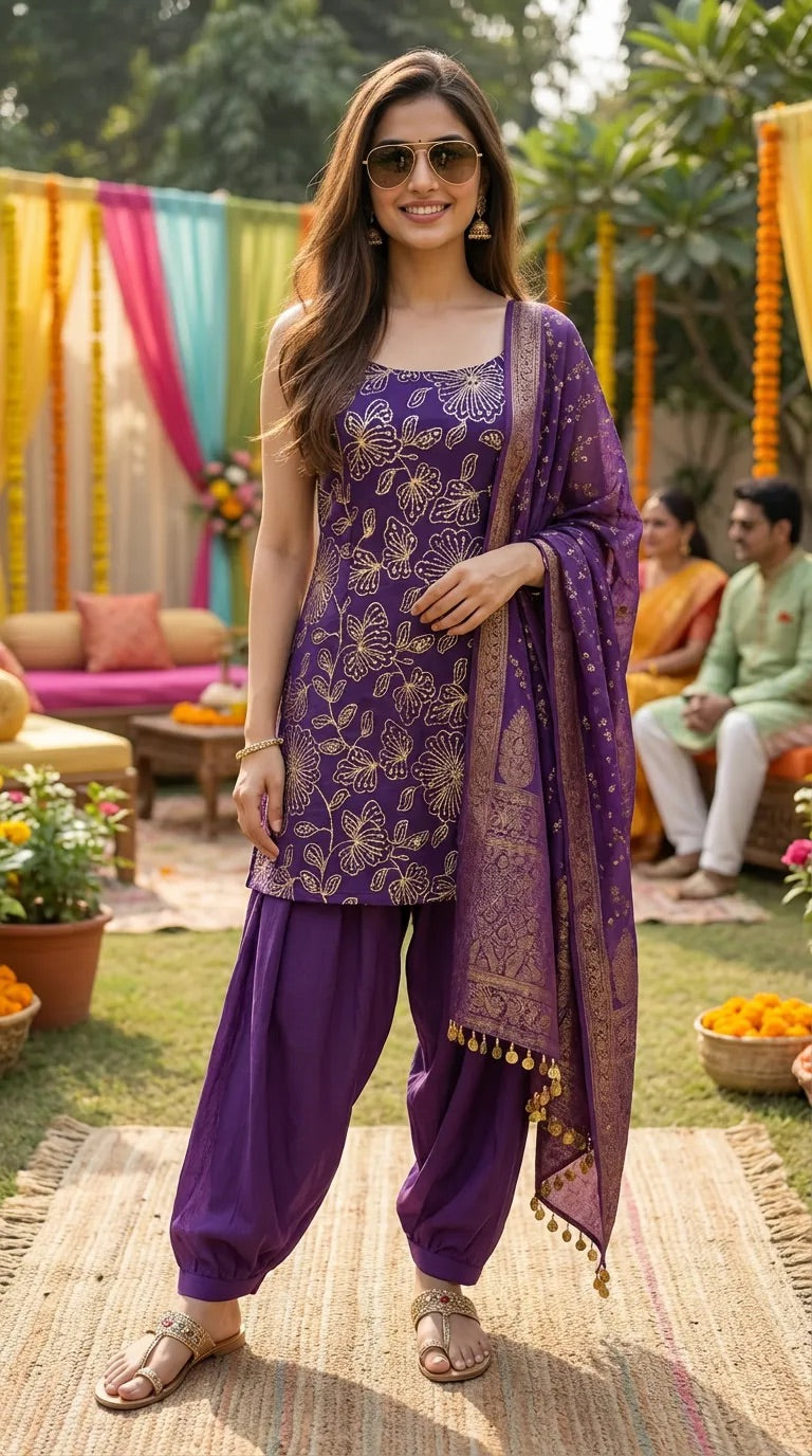Woman wearing purple floral sequin embroidered sleeveless kurta with Afghani salwar and dupatta, standing outdoors at a festive Karchobi event.