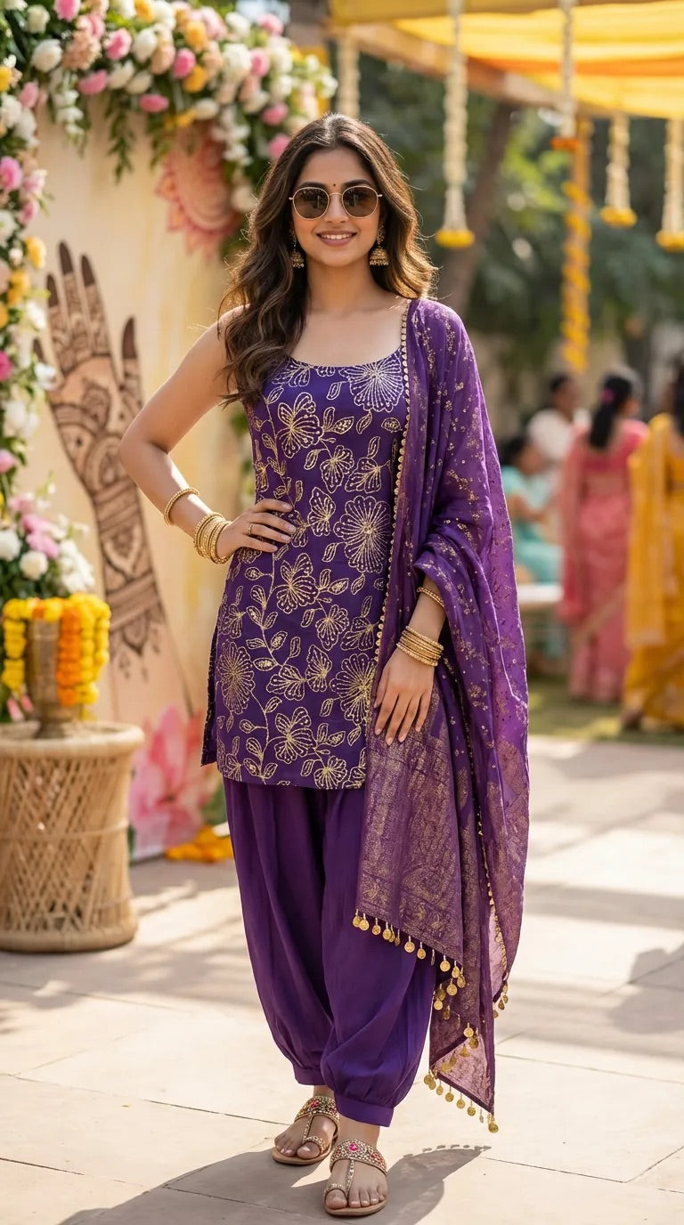 Woman wearing a purple floral sequin-embroidered sleeveless kurta with Afghani salwar and dupatta set from Karchobi at an outdoor event.