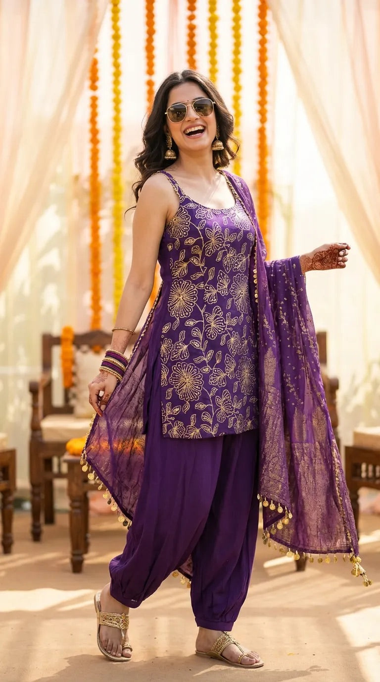 Woman in purple floral sequin embroidered sleeveless kurta with Afghani salwar and dupatta, festive ethnic wear from Karchobi
