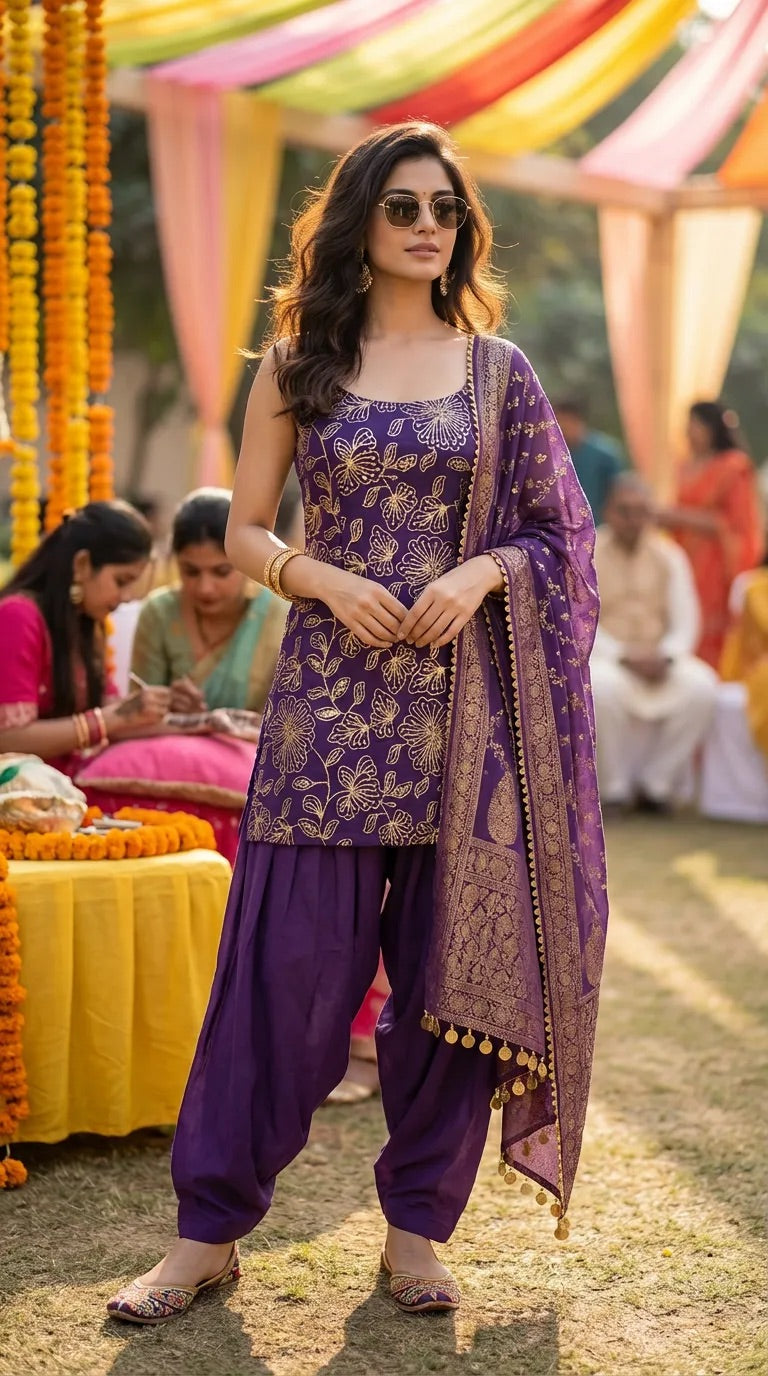 Woman in purple floral sequin embroidered sleeveless kurta with Afghani salwar and dupatta, outdoor festive setting, Karchobi women’s ethnic fashion.