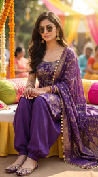 Woman in purple floral sequin embroidered sleeveless kurta set with Afghani salwar and dupatta, styled for a festive occasion, at Karchobi.