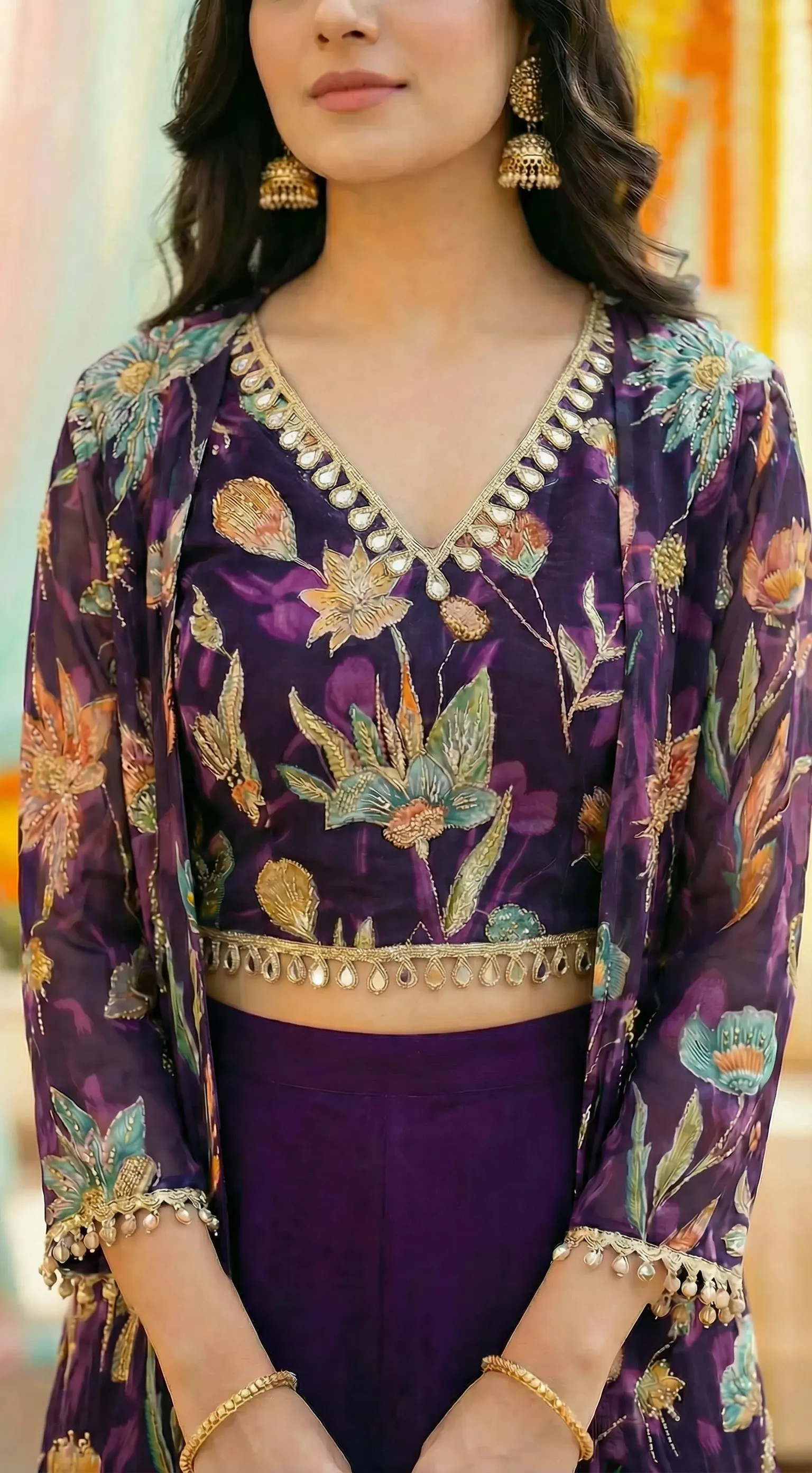 Purple floral sequin embroidered crop top cape skirt set for women by Karchobi