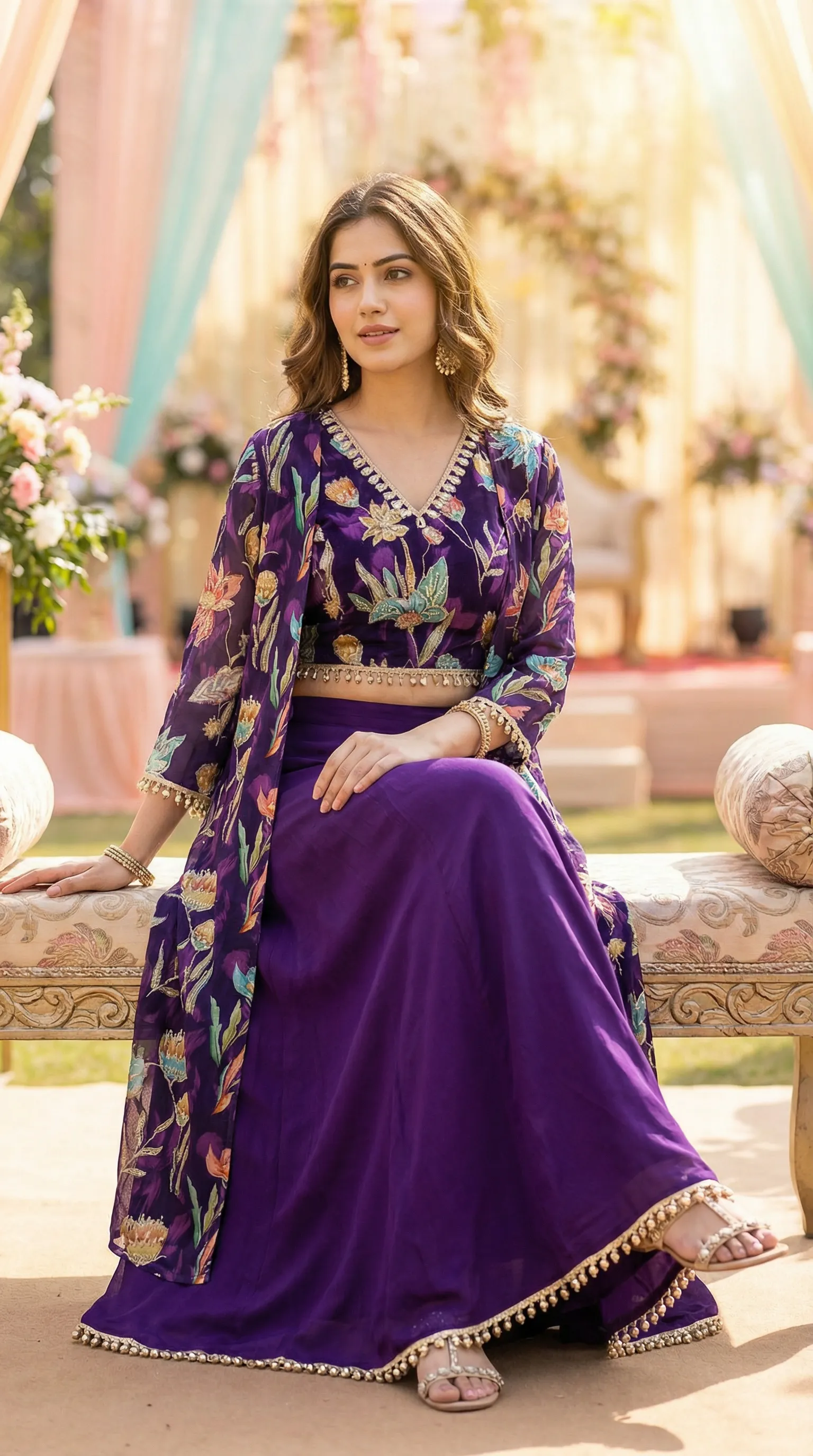 Karchobi purple floral crop top cape skirt set with gold sequin embroidery, elegant womenswear