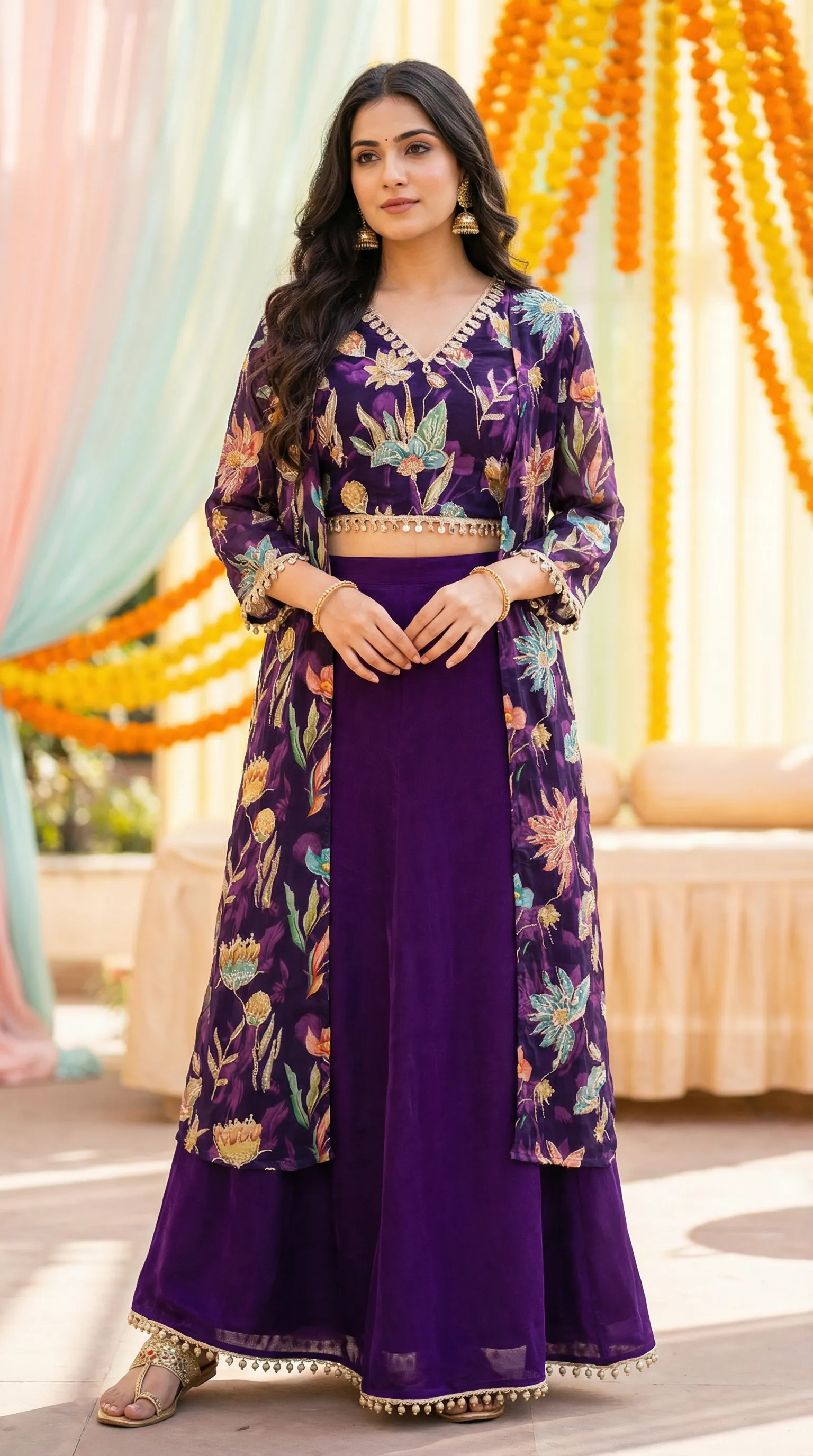 Woman in a purple floral gold sequin embroidered crop top cape skirt set from Karchobi