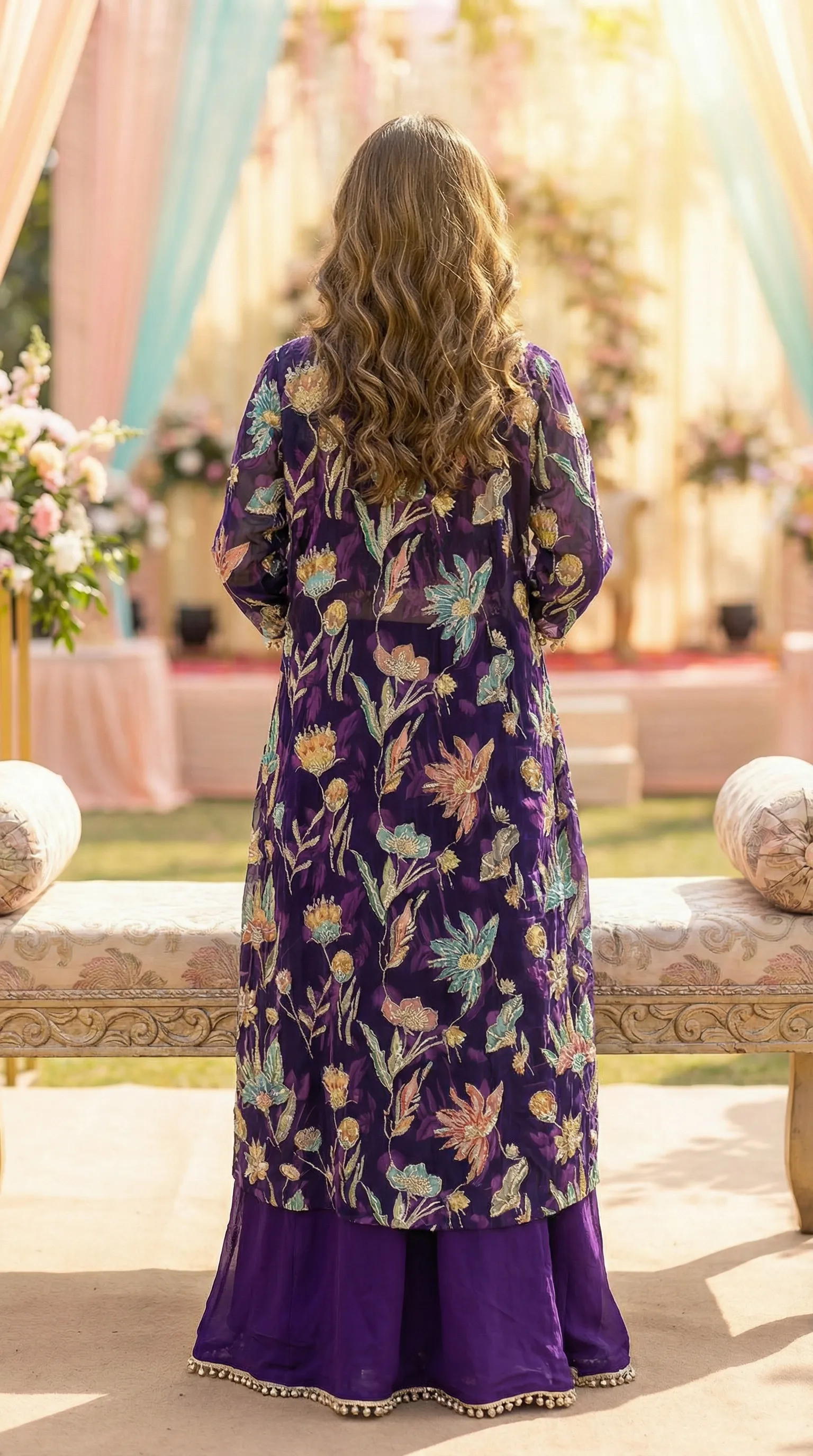 Woman wearing a purple floral embroidered cape and skirt set by Karchobi, outdoor setting
