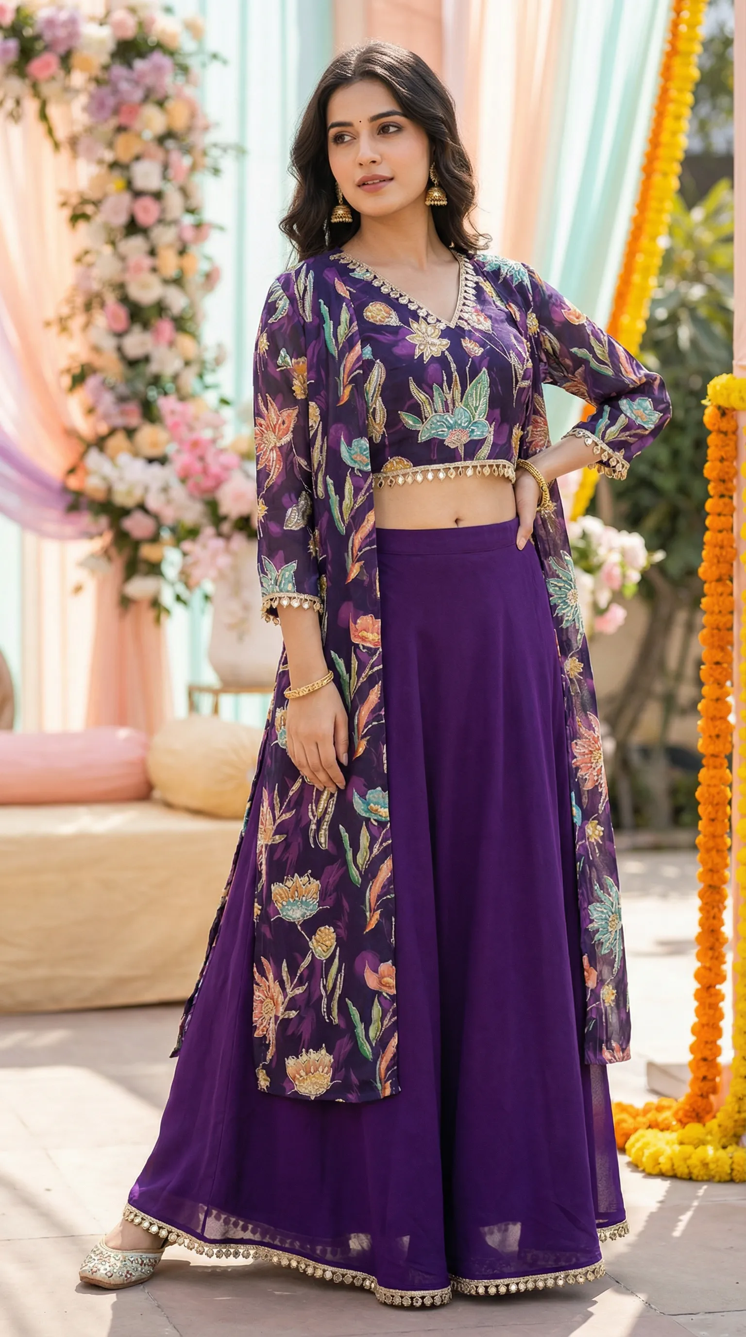 Woman wearing a Karchobi purple floral crop top, embroidered cape, and skirt set.