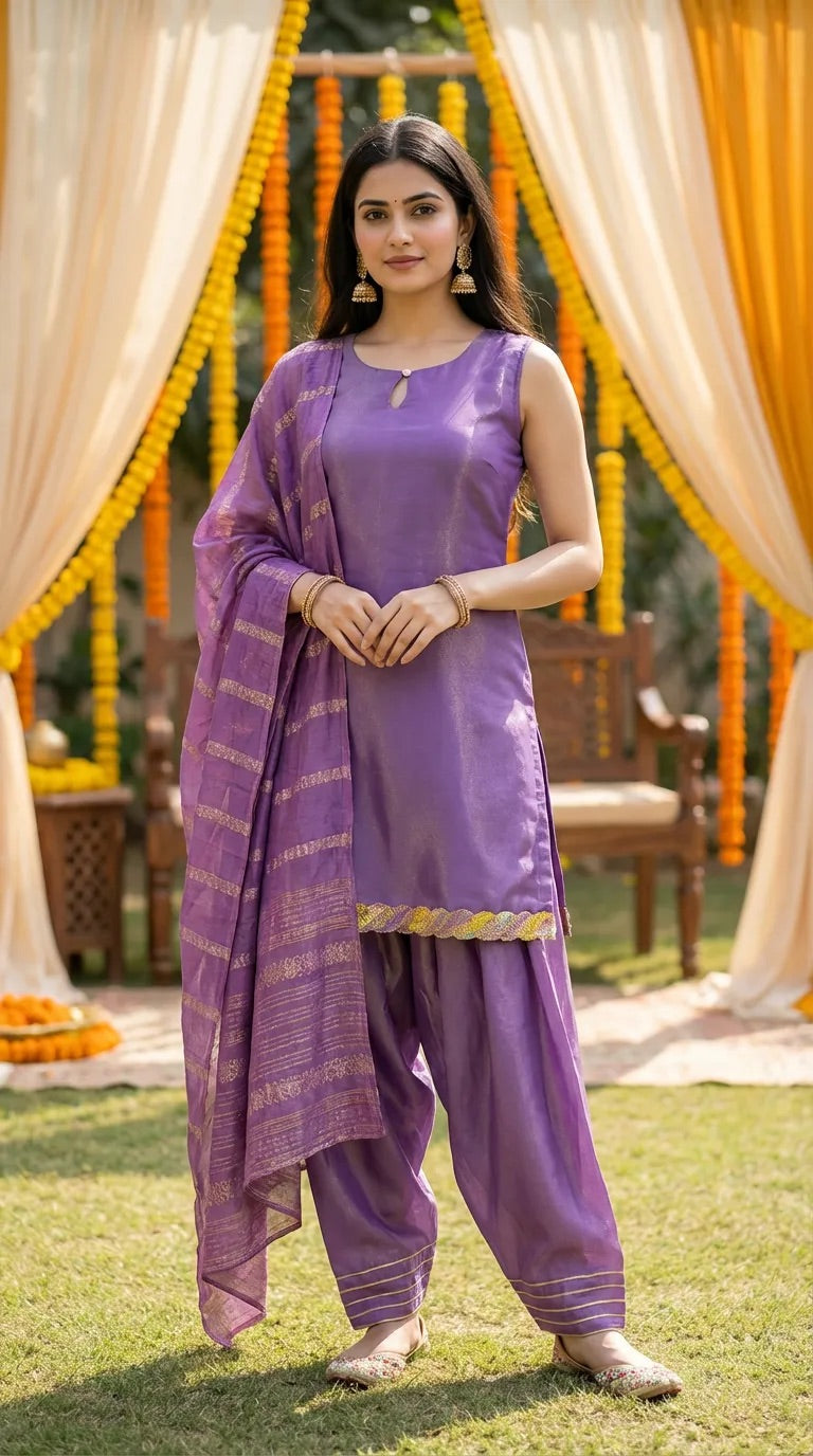 Woman in purple sleeveless kurta farshi salwar set with scalloped lace border, Karchobi fashion