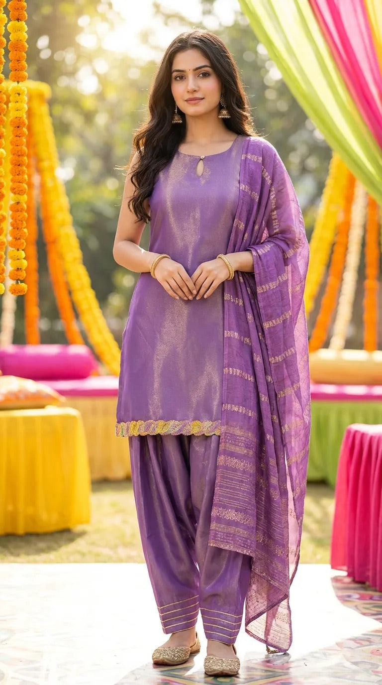 Woman in a purple sleeveless kurta farshi salwar set with scalloped lace border from Karchobi, outdoor festive setting